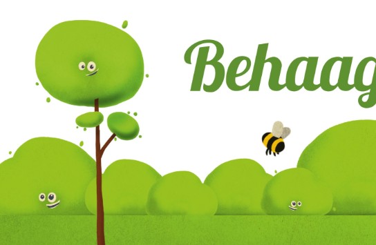 Illustratie van een groene tuin met lachende struiken, een boom, een bij en een vlinder, met tekst "Behaag je tuin". (vergroot foto)